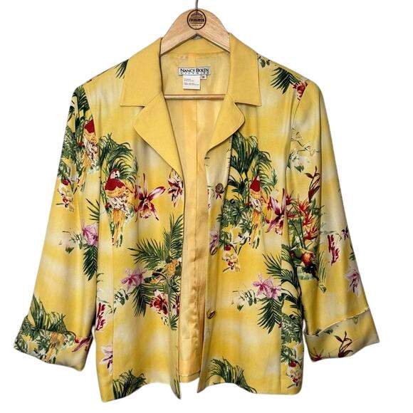 VTG Tropical Blazer 100% Silk Floral Parrot Hawaiian Nancy Bolen Yellow Medium - Picture 1 of 10